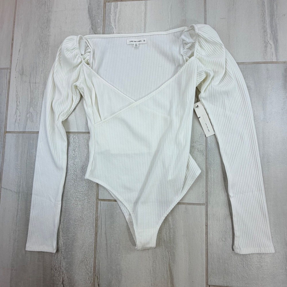 Lani The Label Womens White Ribbed Puff Sleeve Wrap V-Neck Bodysuit Small NWT